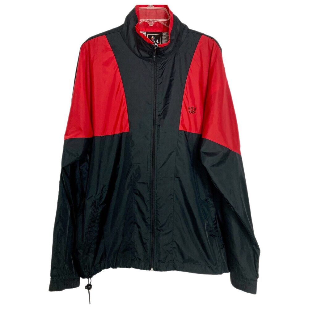 Vintage 90s Windbreaker Track Jacket L USA Olympic Colorblock Red/Blk JC Penney